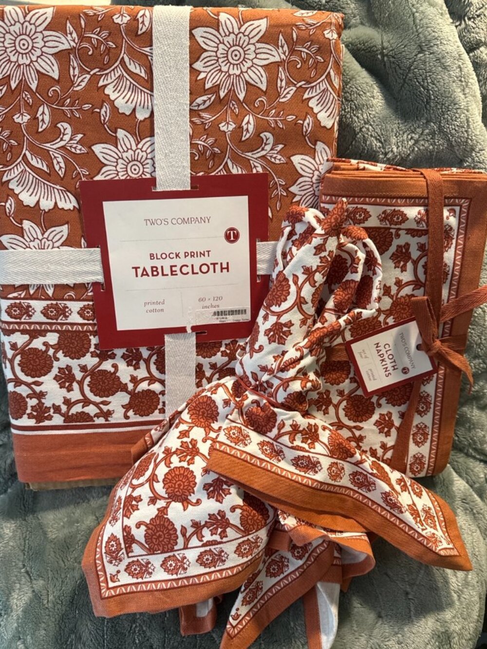 Two’s Company Block Print Cotton Tablecloth + 7 Cloth Napkins